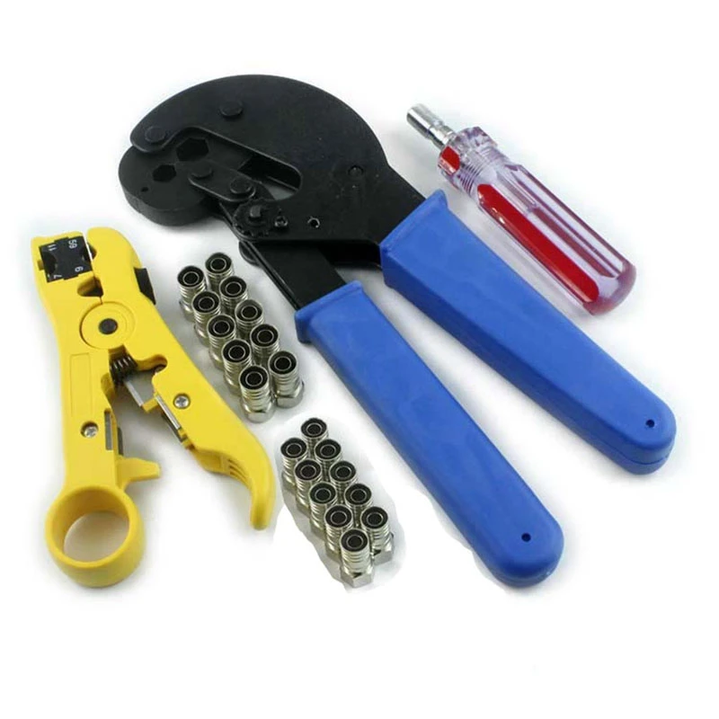 

Coaxial Crimping Tool Coax Cable Crimper Kit +20PCS RG6 F Hex Crimp Connectors
