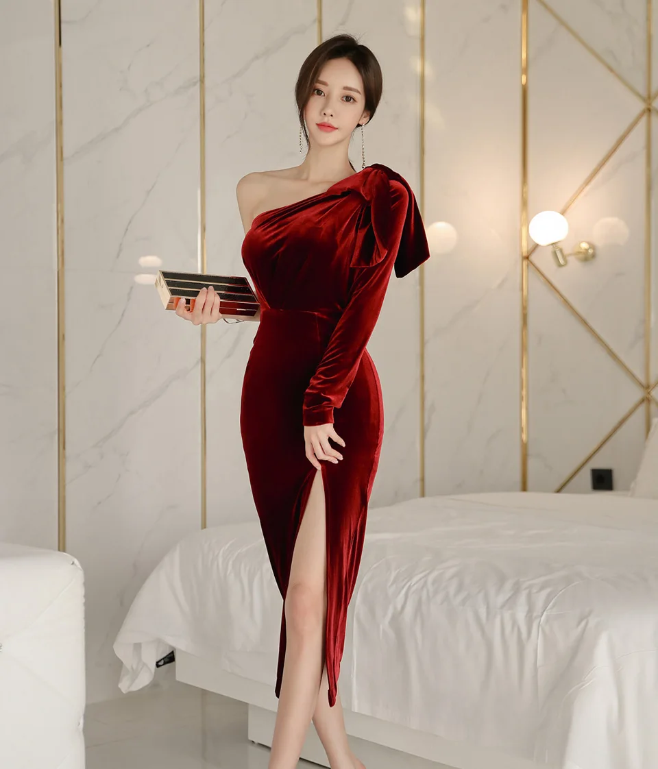 slanted neckline stretch velvet sheath gown