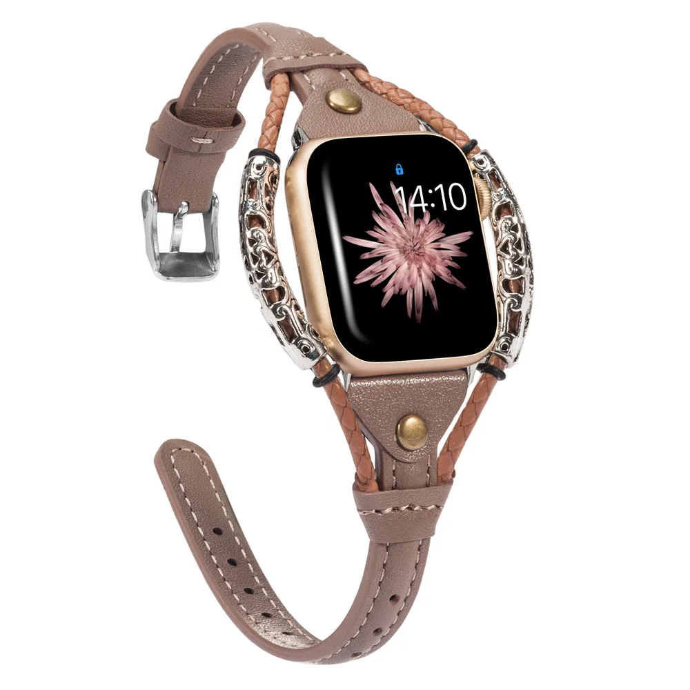 PinkGrey Винтажный кожаный ремешок для Apple Watch Band женский твист полоса ремешок заклепки с металлической веревкой браслет нарядный стильный iwatch серия - Цвет ремешка: PinkGrey