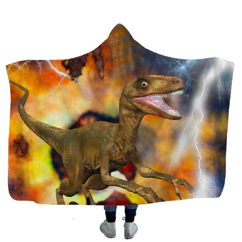 Красочное одеяло с капюшоном в виде животных, детское зимнее теплое плюшевое одеяло с капюшоном и принтом динозавра из мультфильма для взрослых, 130*150 см/150*200 см