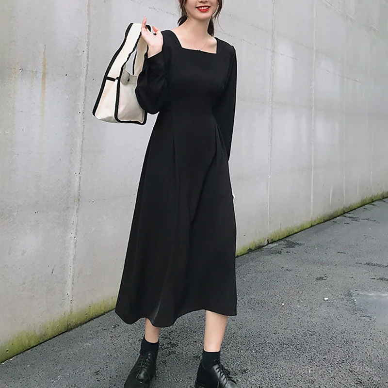 

SexeMara 2019 Autumn New Full Sleeve Solid Color Square Collar Sashes Empire Waist Mid-calf Ladies Fashion Dress CDS101