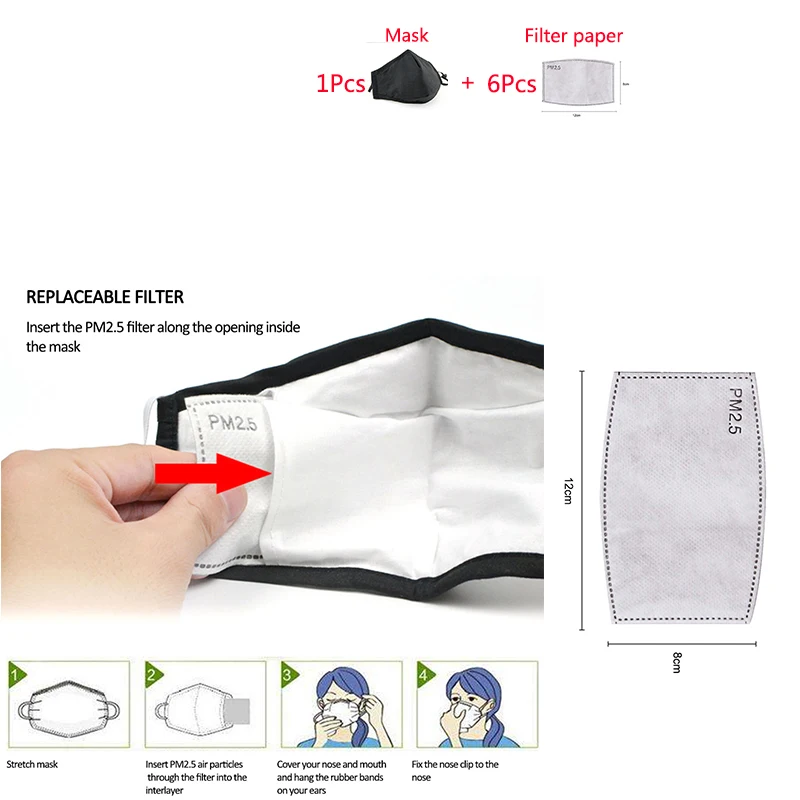 

1pcs Mask + 6pcs filter paper PM2.5 mouth Mask anti dust mask filter Windproof Mouth-muffle bacteria proof Flu Face masks Care