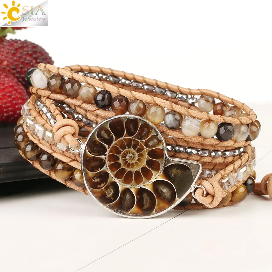 CSJA Boho Wrap Leather Bracelet Natural Ammonite Fossils Hematite Tiger Eye Bead Multilayer Woven Charm Bracelets for Women S475