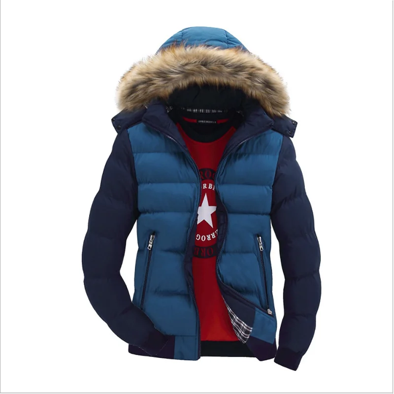 Зимняя Теплая мужская куртка с мехом, повседневная мужская Толстая парка с капюшоном, пальто, однотонная Лоскутная молния, новинка, мужская спортивная одежда, ветровка, верхняя одежда - Цвет: FK047 Light Blue