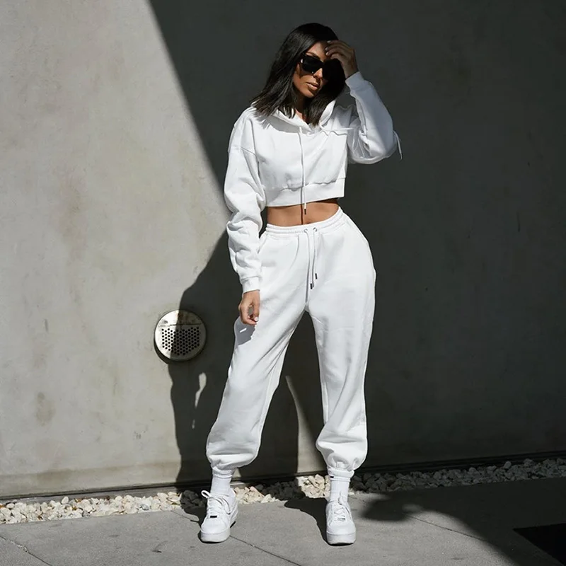 white pant suit set Autumn Winter Women's tracksuit Solid Hoodie Sweatshirt Two Piece Woman Set Crop Top and Pants Sport Jogger Suit Female Clothing dressy pant suits