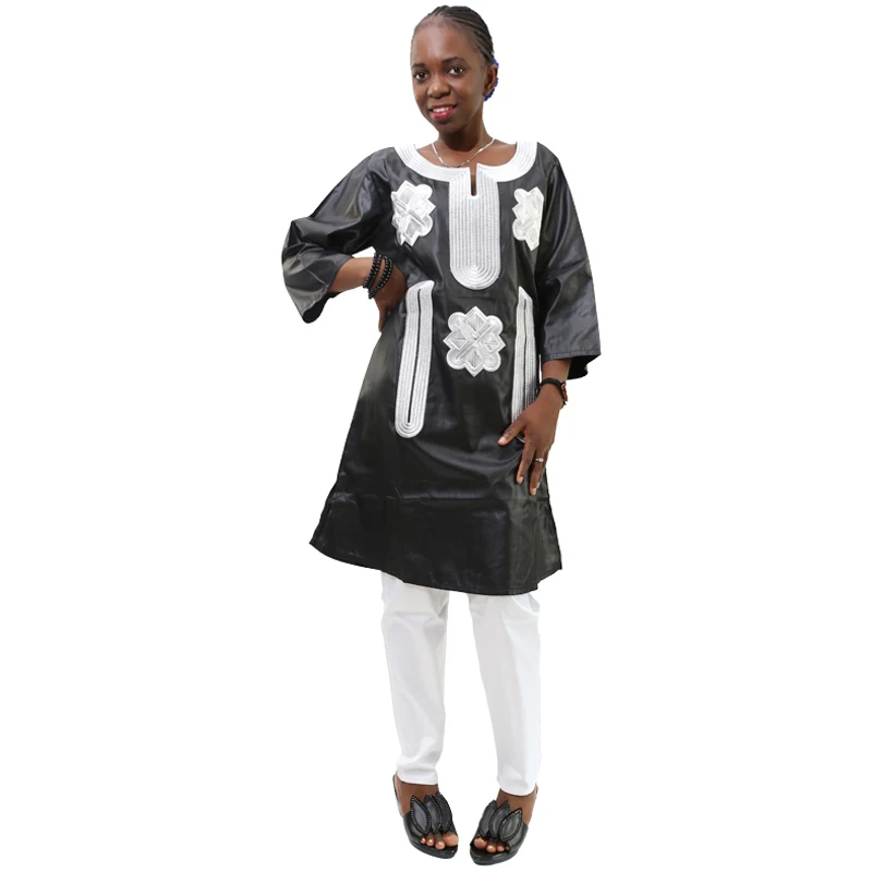 MD Embroidery Dashiki Clothes Plus Size Women African Trousers Set Long Sleeve Tops Pants Suit Soft Material Black White Costume |