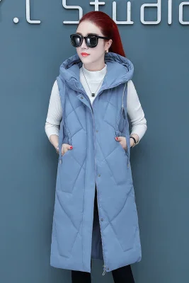 Haze blue Модный пуховый хлопковый жилет для женщин с капюшоном осень зима корейский размера плюс куртка без рукавов Свободный теплый длинный жилет для женщин 3XL - Цвет: Haze blue
