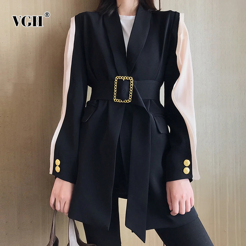 

VGH Elegant Hit Color Patchwork Mesh Women's Blazer V Neck Lantern Sleeve Tunic Lace Up Long Blazers Female Autumn 2019 Fashion