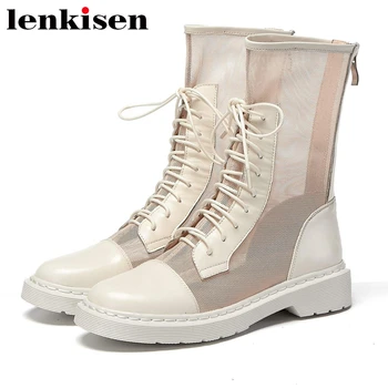 

Lenkisen full grain leather round toe med heel breathable shoes women Korean street elegant summer sunscreen mid-calf boots L31