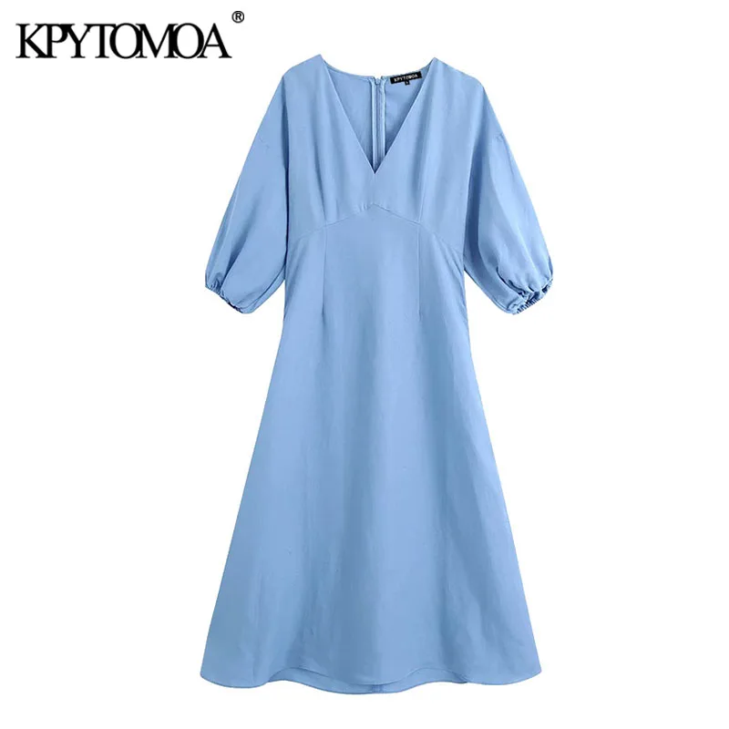 KPYTOMOA Women 2020 Elegant Fashion Puff Sleeve Midi Dress Vintage V Neck Back Zipper Female Dresses Chic Vestidos Mujer KPYTOMOA Women 2020 Elegant Fashion Puff Sleeve Midi Dress Vintage V Neck Back Zipper Female Dresses Chic Vestidos Mujer