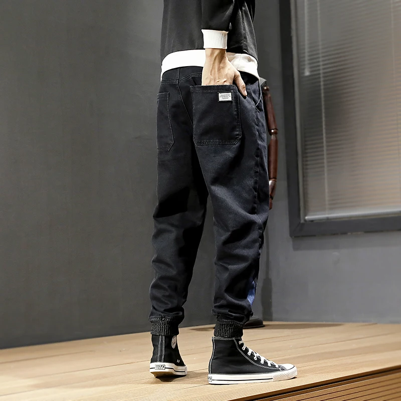 Japanese Style Fashion Men Jeans Loose Fit Stripe Spliced Cargo Pants Hombre Harem Jeans Streetwear Hip 3