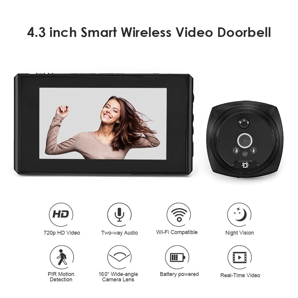Mirilla electrónica inalámbrica de 4,3 pulgadas, timbre con visión nocturna IR, 160 grados, Digital, Ojo de la puerta, cámara, visor