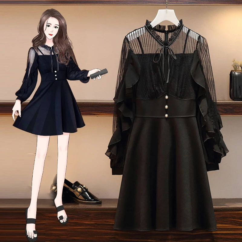 

L-4XL Plus Size Fashion Design Mesh Patchwork Button Lotus Leaf Dress Spring 2020 Elegant Long Sleeve Loose Dresses Vestidos