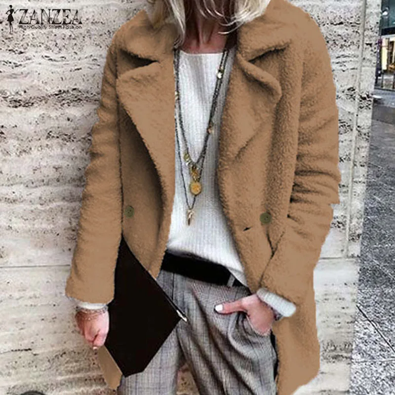 Модные ZANZEA, женские куртки, повседневные, с отворотом, флисовые, теплые, пальто, Осень-зима, с длинным рукавом, одноцветные, верхняя одежда, Chaqueta Mujer