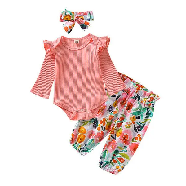 

3Pcs Newborn Baby Girls Clothes Sets Pink Tops Rompers Flowers Long Pants Leggings Headband Outfits Set Clothes