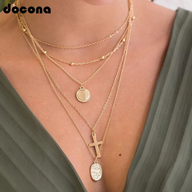 

Docona Vintage Long Gold Chain Cross Round Statue Multilayer Necklaces for Women Punk Metal Pendant Choker Jewelry A09107