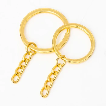 

10pcs Hot sale Gold color 25/30mm round wire split ring+4 links chain gold keychain metal flat keychain iron key ring