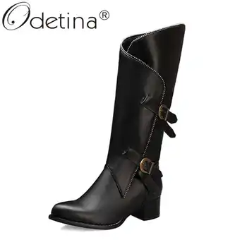 

Odetina Women Elegant Buckle Strap Winter Shoes Side Zip Up Ladies Autumn Chunky Mid Heel Vintage Retro Mid Calf Boots Round Toe