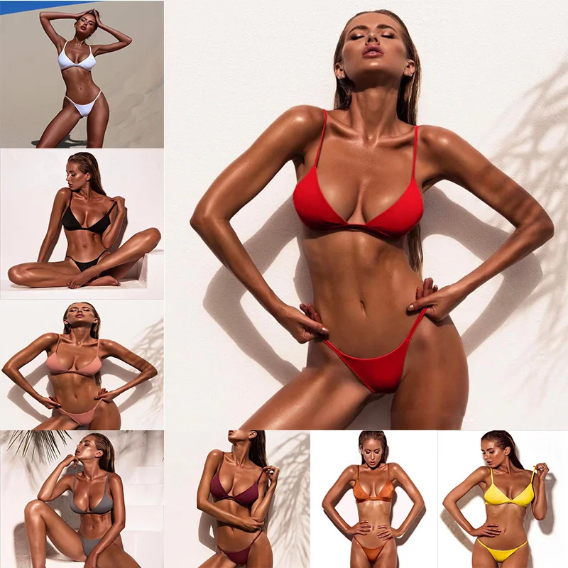 Сексуальный треугольный комплект бикини новый женский однотонный купальный