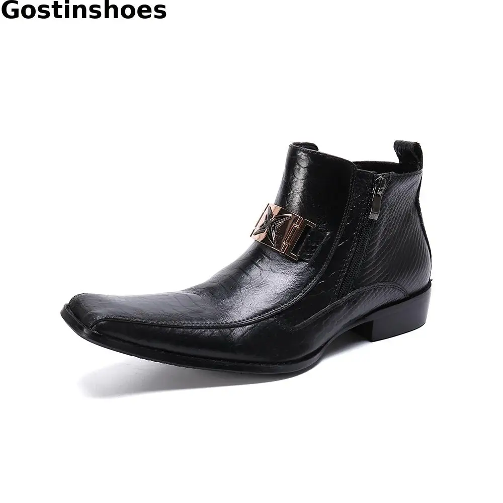 

Black Genuine Leather Men Short Boots Metal Decoration Square Toe Men Ankle Boots Side Zipper Slip On Men's Boots Fashion