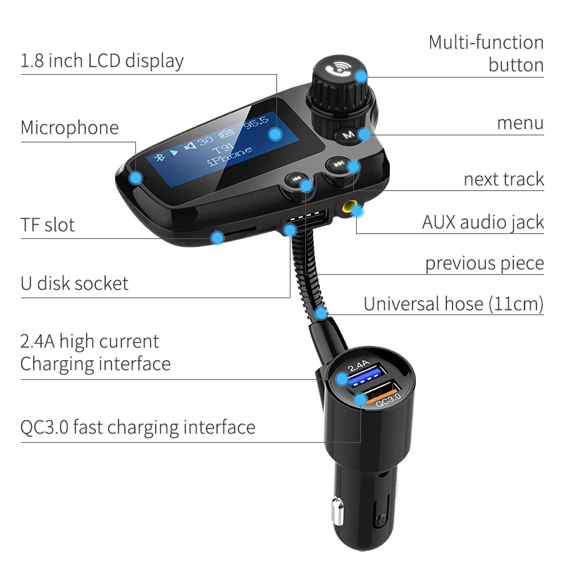 Автомобильный комплект Bluetooth 5,0, fm-передатчик QC3.0, быстрое зарядное устройство, ЖК-дисплей, поддержка TF карты, музыкальный Aux аудио приемник, автомобильный mp3-плеер