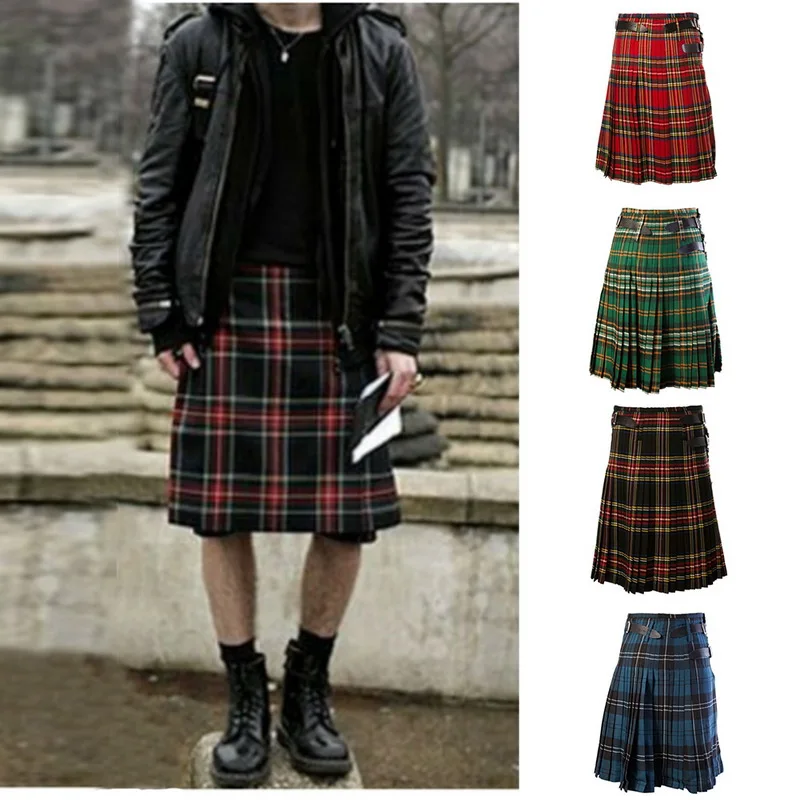 Шотландская Мужская Kilt традиционный ремень в клетку плиссированная Двусторонняя цепь коричневый готический панк шотландская клетка брюки юбки хит