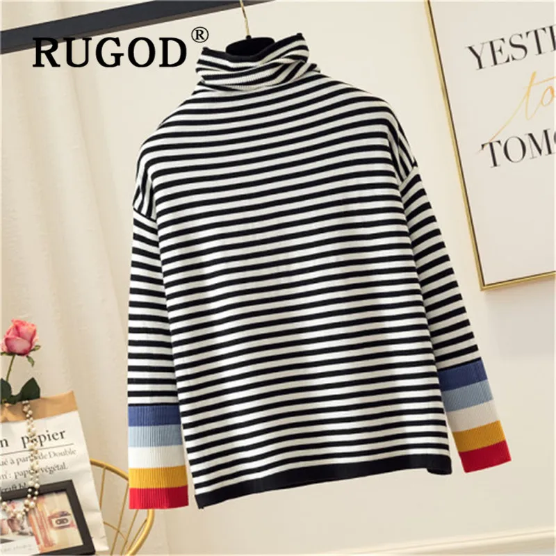 RUGOD Casual stripe patchwork knitted tops women Korean chic turtleneck knitted pullovers female new auturm oversized top