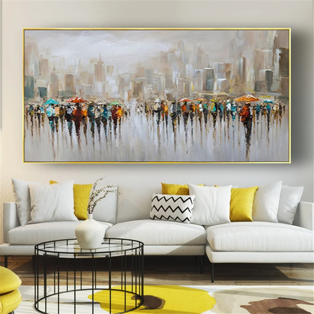 

New York Urban Streets Modern Hand-Painted Picture City Crowd Wall Art Poster On Canvas Oil Painting Living Room Office Meeting