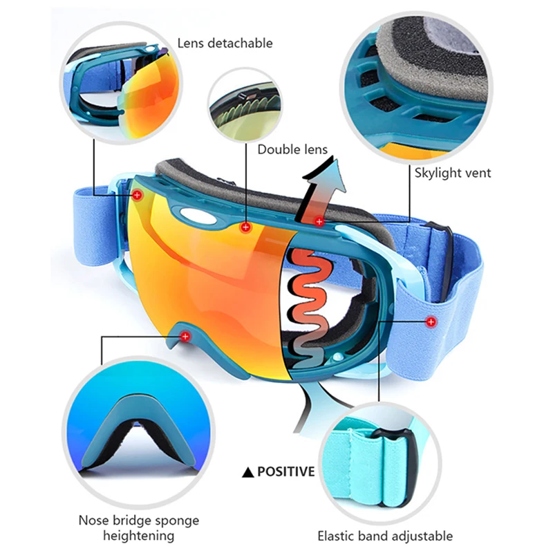 Лыжные очки, двухслойные, противотуманные, мужские, женские, спортивные, лыжные очки, снегоходы, лыжные маски, снежные очки, лыжные, сноубординг, очки