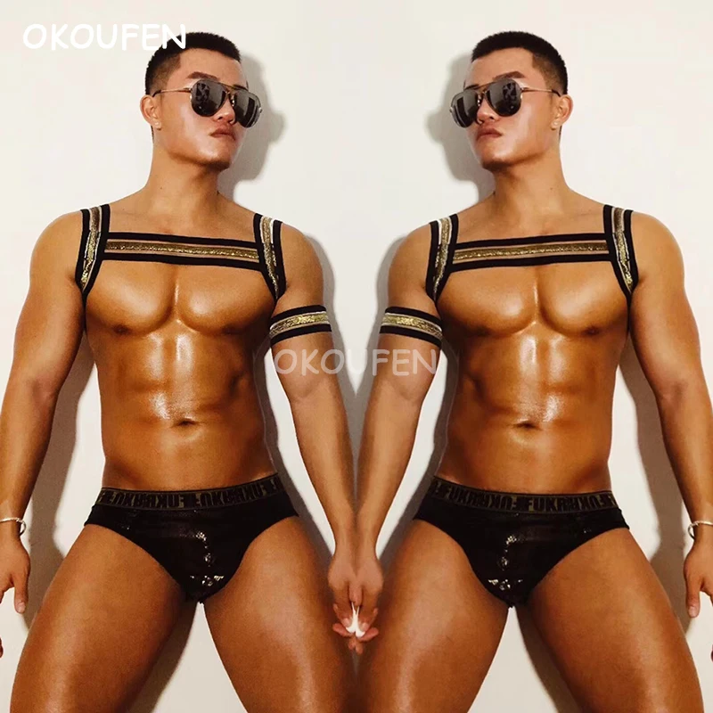 

Stage party performance costume nightclub bar dj male ds black gold hollow elastic bandage chest strap