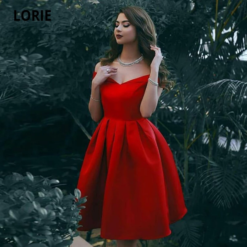 LORIE de Fiesta Cortos de satén para traje de fiesta de boda con volantes y hombros descubiertos, color rojo, de graduación| - AliExpress