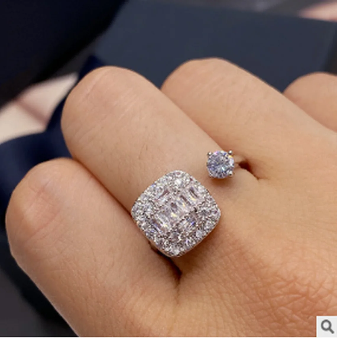 Fashion Irregular square micro set zircon open mouth ring adjustment