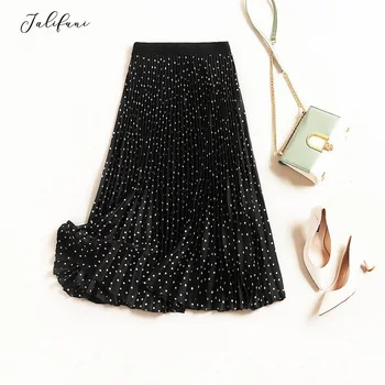 

Women High Waist Pleated Skirts Summer Polka Dot Mid-Calf Skirt 2020 New Hot Sale Casual Harajuku A-Line Skirts Black Apricot