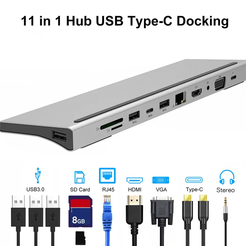 11 в 1 USB C концентратор Type к 3 0*3 HDMI VGA RJ45 Ethernet PD зарядка SD/TF кардридер 5 мм аудио