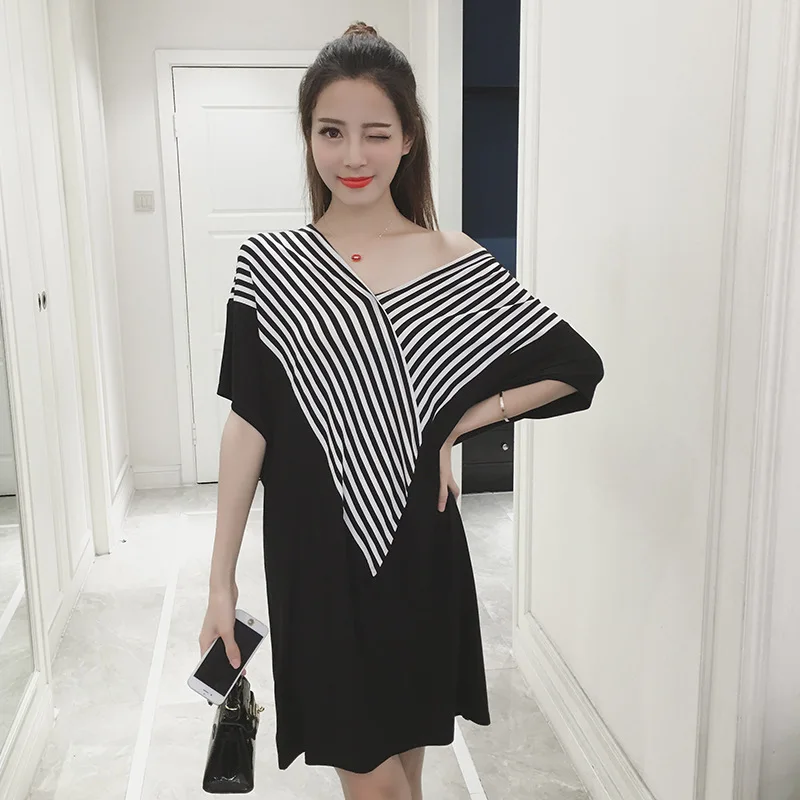 

Maternity Clothes 2019 Summer New Style Korean-style Fashion Stripes Joint V-neck Slimming Loose And Plus-sized Pregnant Women D