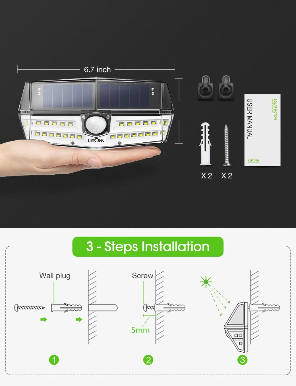 LITOM 30 LED Solar Light Wall Lamp LITOM CD137 IPX7 Waterproof Motion Sensor Light 120 Wide-angle Wall Lampe Solaire Exterieur (4)