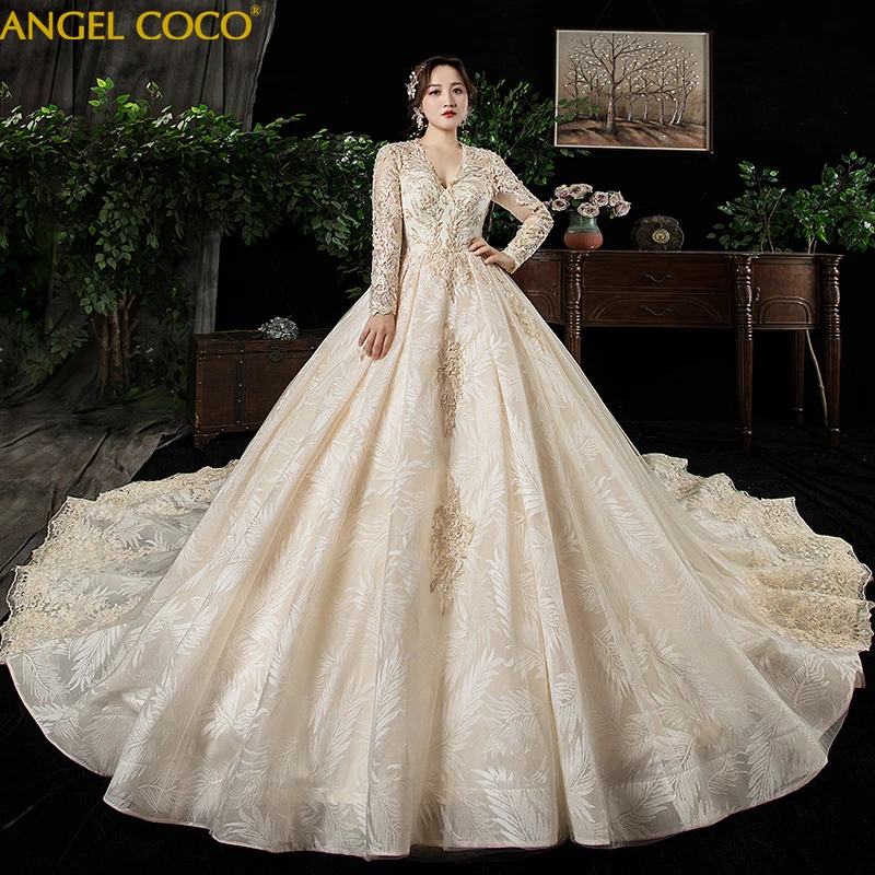 

Maternity Dress Applique Lace Wedding Dress Plus Size Champagne gold Empire Bridal Gown Long 24W Robe De Mariee Bride Dress