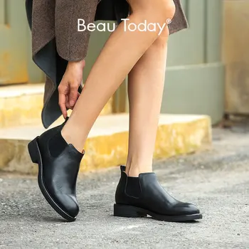 

BeauToday Chelsea Boots Women Genuine Cow Leather Shoes Waxing Round Toe Elastic Band Autumn Winter Ladies Ankle Booties 03643