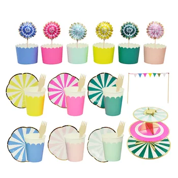 

32pcs 6 Persons Set Disposable Color Stripe Cup Plate Forks Kid's Birthday Party Tableware Cake Stand Cupcake Decor Supplies