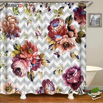 

Watercolor Peony Shower Curtain Polyester Washable Curtain Home Decor Mouldproof Waterproof Belt Hook 200*180cm