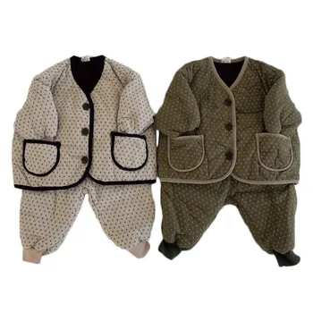 

Children's Cotton Padded Clothes Autumn And Winter Dot Print Cotton Coat+pant Baby Boys And Girls 2 Pieces Suit Clothing Set