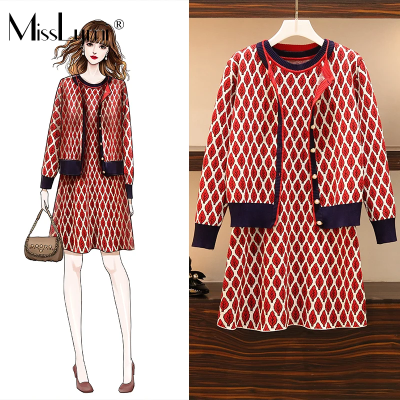 

L-4XL Plus Size Women Two Piece Dress Autumn Winter 2019 Fashion Long Sleeve Cardigan and Sleeveless Vest Knitted Dresses Red