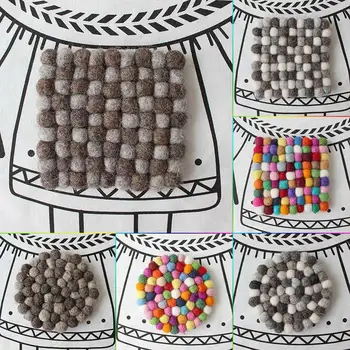 

1Pc Cup Round Square Coaster Handmade Wool Felt Ball Trivet Table 10*10cm Heat Resistant Mat