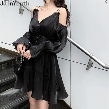 

Joinyouth Solid High Waist Party Dress Women Spring Hollow Out Ruffles New 2020 Vestidos V Neck Sexy A-line Mini Dresses J444