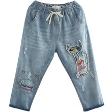 OMIKRON Женский Осенний модный винтажный мультфильм Вышивка Пэчворк потертый джинсовый женский Повседневный Джинсовый Свободные шаровары уличная