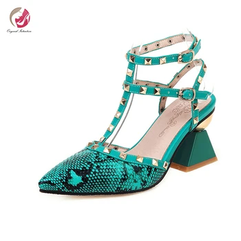 

Original Intention New Design Rivets Buckle Sexy Sandals Woman Pointed Toe High Spike Heels Party Dress Shoes Female Pumps 3-16