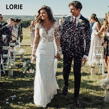 

LORIE Long Sleeve Lace Wedding Dresses Mermaid Chiffon Bridal Gown Turkey Plus Size 2020 Illusion Button Wedding Party Gowns