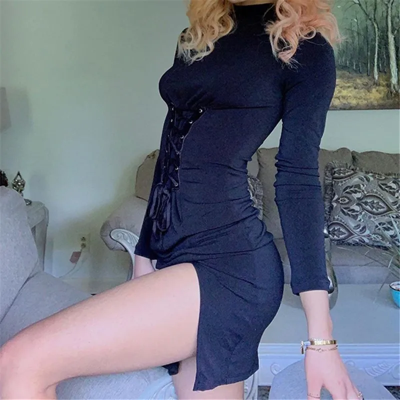 

YYXZ Autumn Fashion Slim Sexy Solid Color Lace-up Long Sleeve SML Turtleneck Splits Woman Casual Sheath Dress Lady Mini Dress