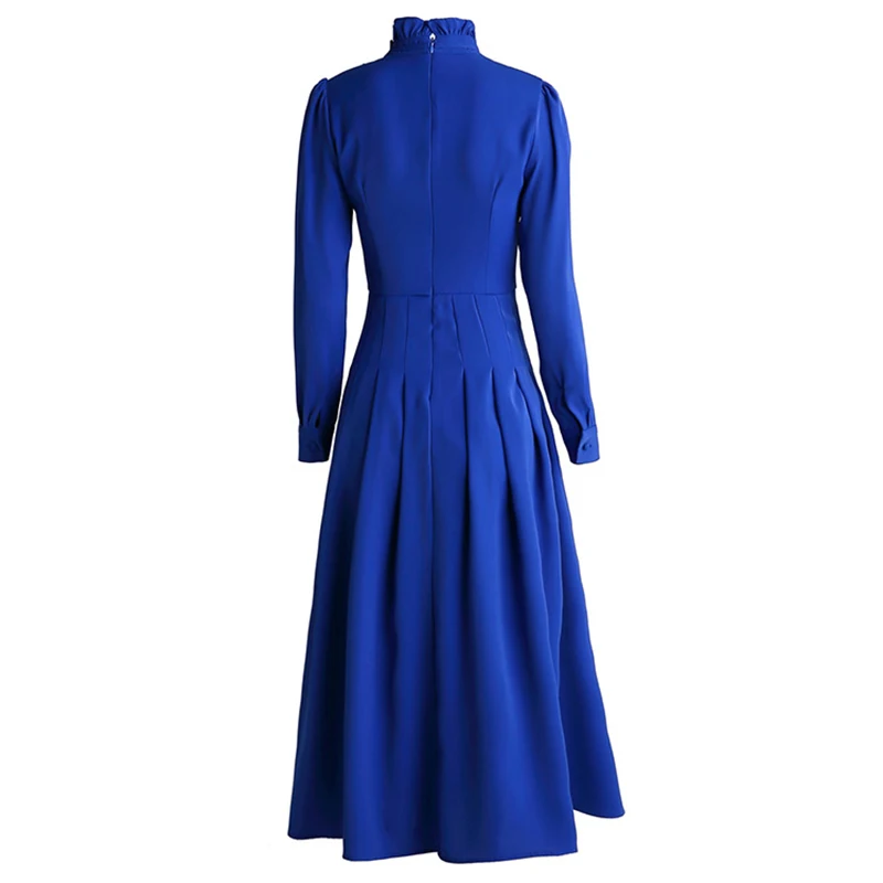 SEQINYY, синее платье, весна-осень, модный дизайн, женское плиссированное платье средней длины с длинным рукавом, оборками и бантом