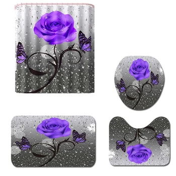

4 Piece Set Flower Butterfly Print Base Rug + Bathroom Mat and Waterproof Shower Curtain, Non-Slip Toilet Cover Mat Set